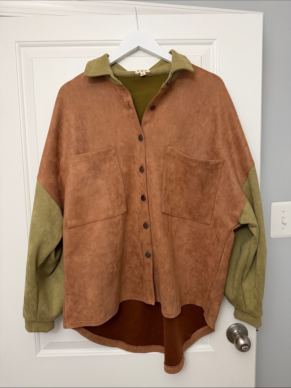 POL Oversized Two-Tone Suede Shacket in Brown & Olive